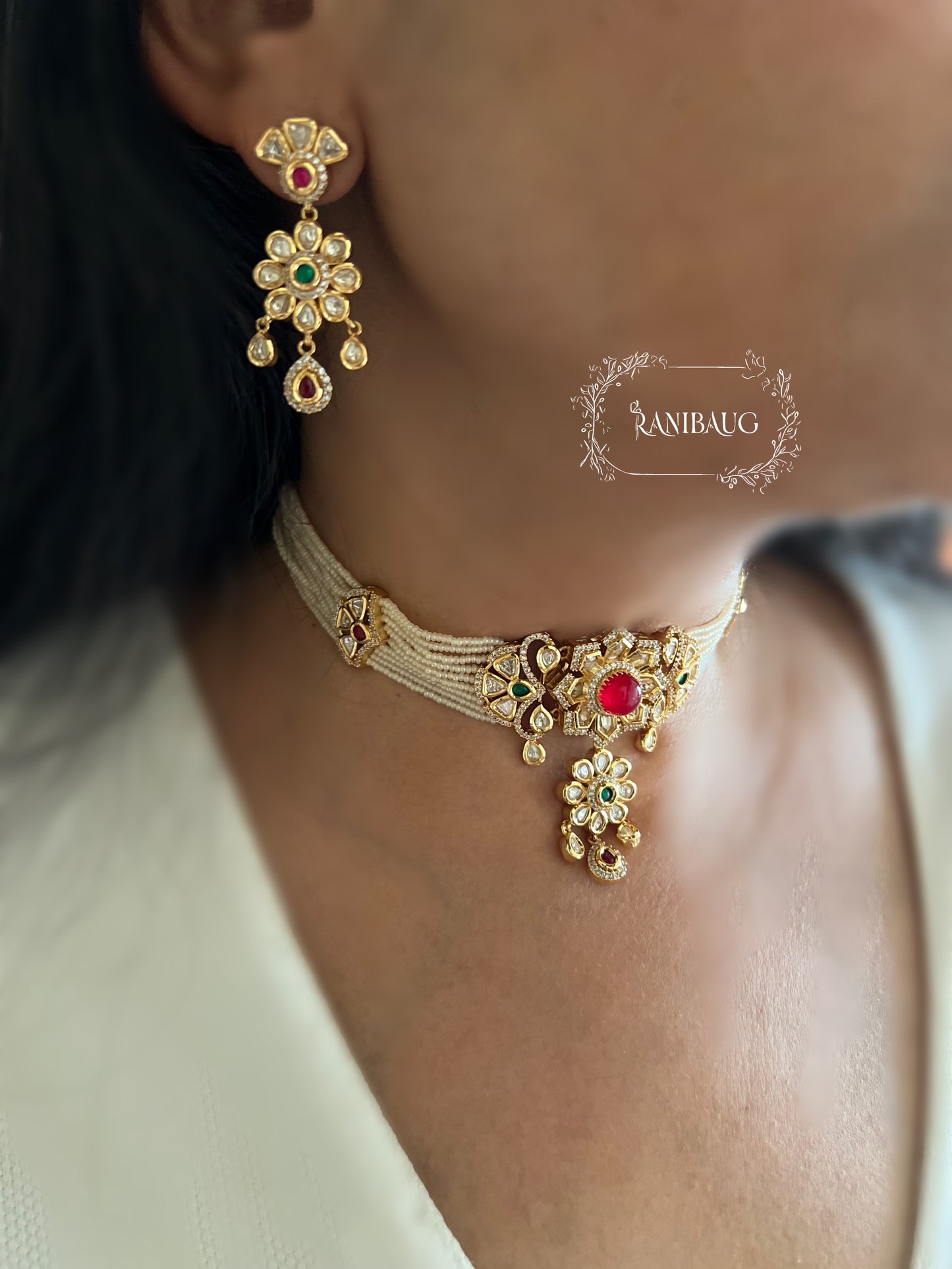 Chandni Polki Kundan Doladi Necklace With Jhumkis By Ranibaug
