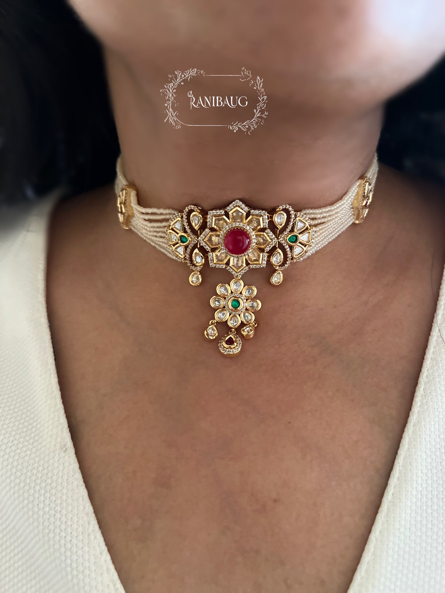 Chandni Polki Kundan Doladi Necklace With Jhumkis By Ranibaug