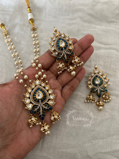 Prachi Long Teardrop Pearl Necklace Set With Jhumki Dangler Pendant Style In Premium Gold Finish By Ranibaug