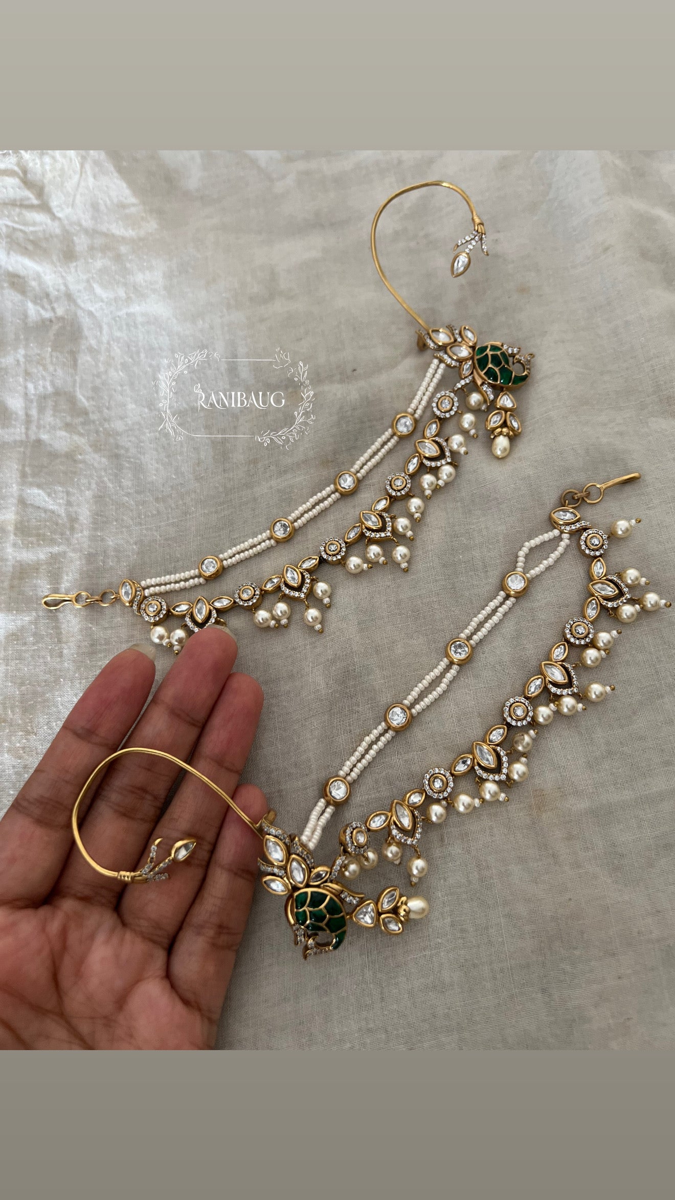 Bagh Pankh Pearl Hair Chain Ear Cuff Earrings by Ranibaug