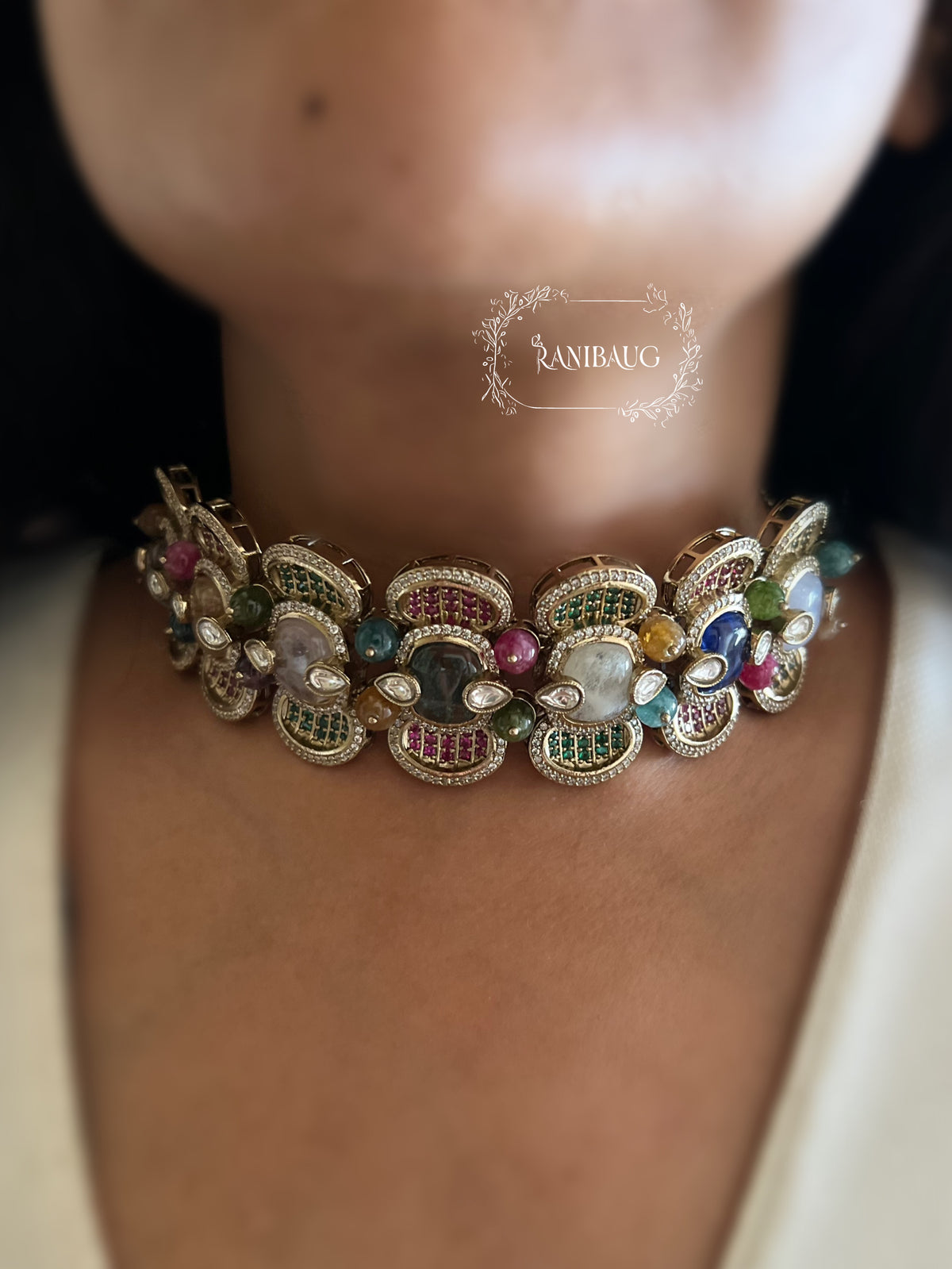 Sabya Suvarna Multicolor Choker Necklace Set With Earrings By Ranibaug