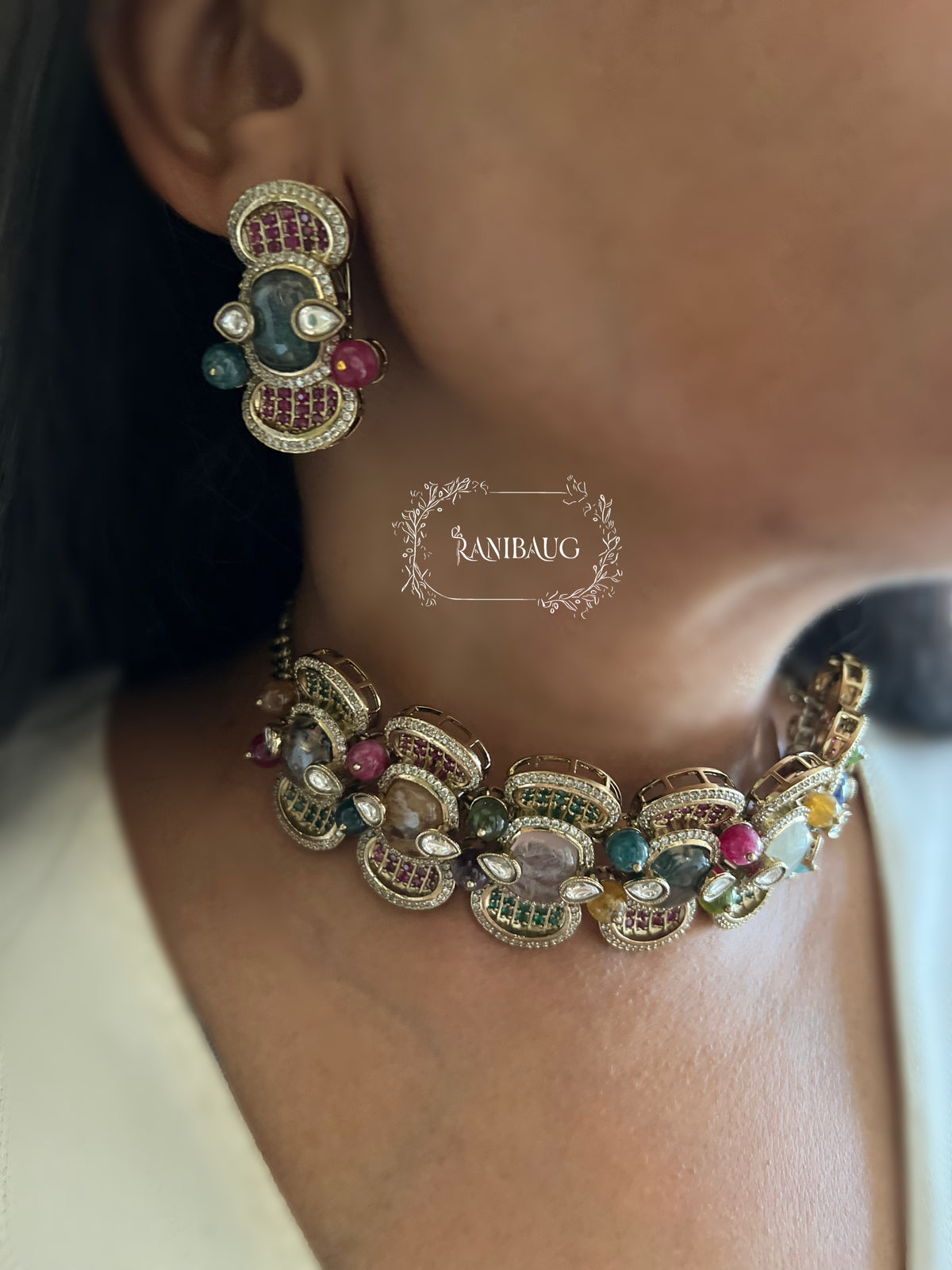 Sabya Suvarna Multicolor Choker Necklace Set With Earrings By Ranibaug