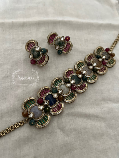 Sabya Suvarna Multicolor Choker Necklace Set With Earrings By Ranibaug