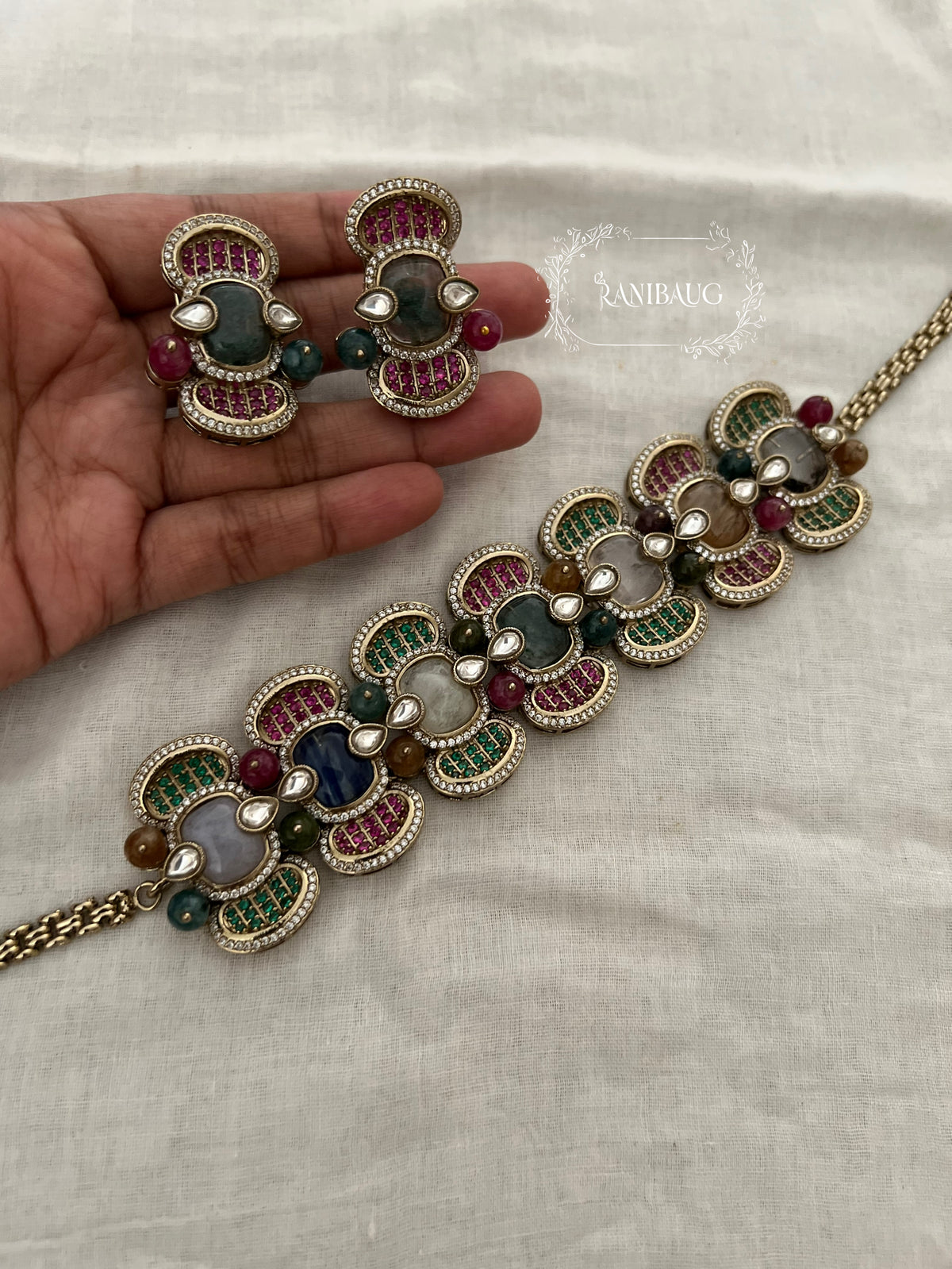 Sabya Suvarna Multicolor Choker Necklace Set With Earrings By Ranibaug
