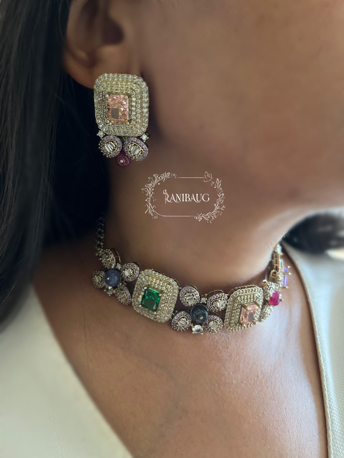 Sabya Shobha Multicolor Polki And Gemstone Studded Choker Set By Ranibaug