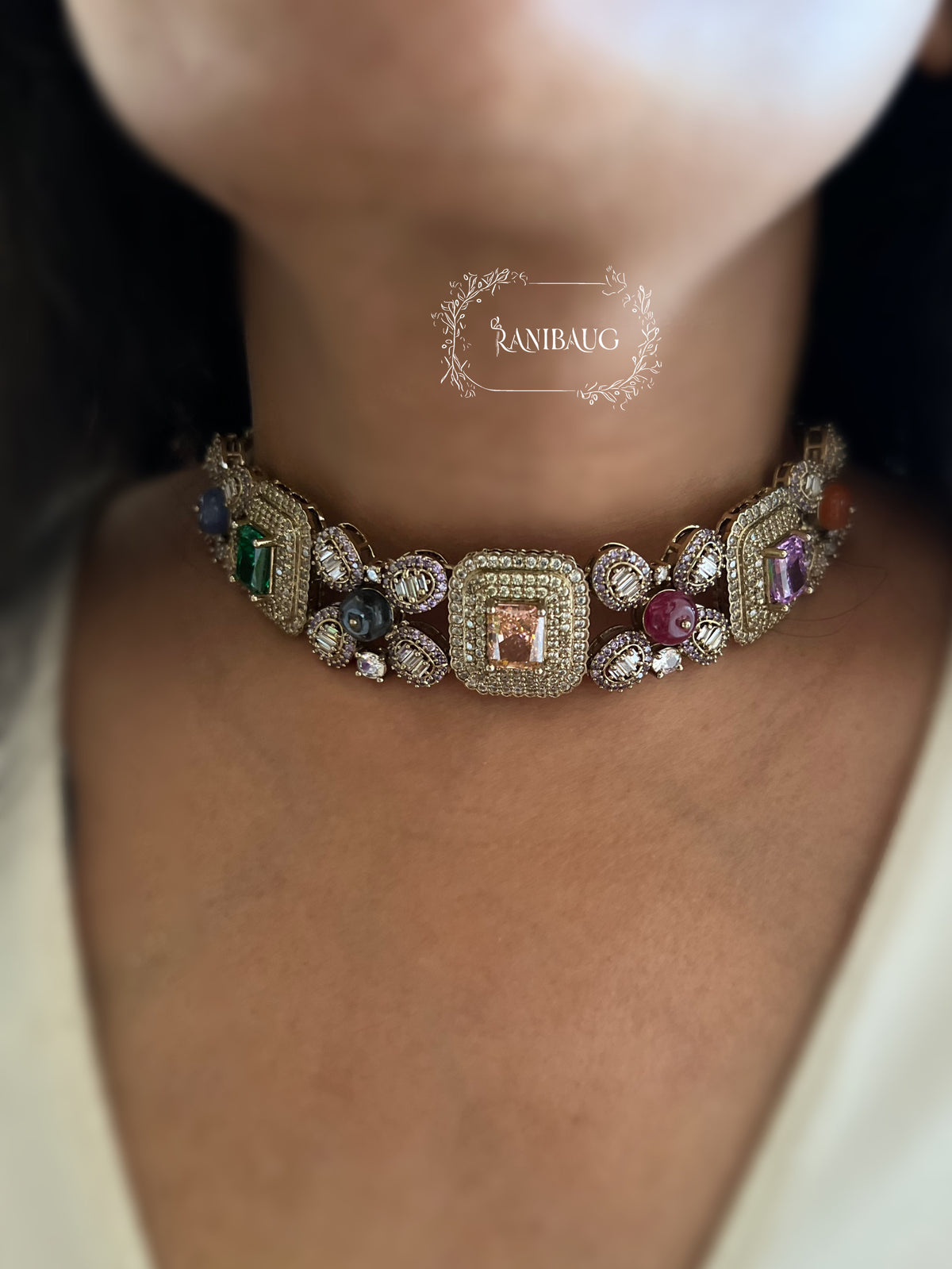 Sabya Shobha Multicolor Polki And Gemstone Studded Choker Set By Ranibaug