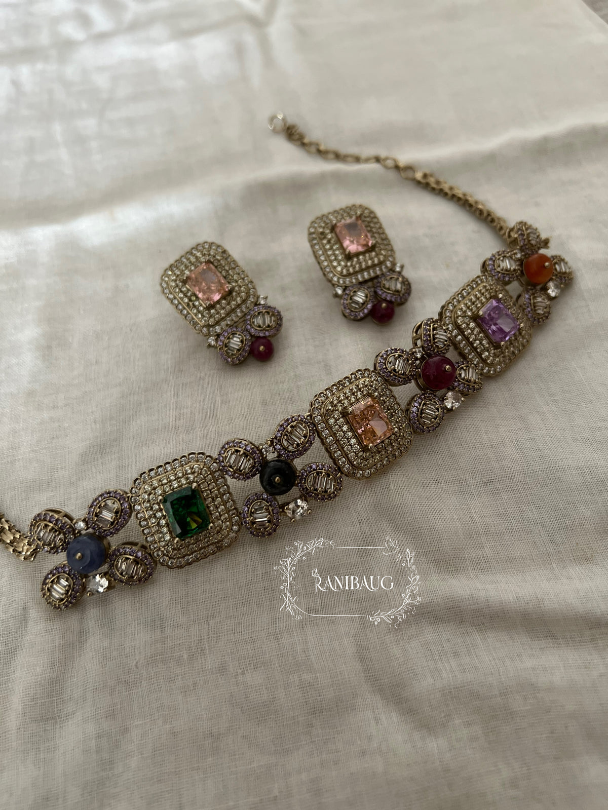Sabya Shobha Multicolor Polki And Gemstone Studded Choker Set By Ranibaug