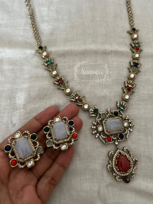 Sabya Ratnam Pastel Hues Multicolor Two Layered Drop Gemstone Motif Necklace Set In Victorian Finish By Ranibaug