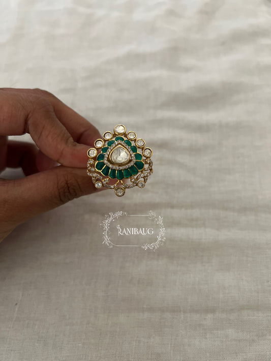 Mishti Floral Simple Emerald Green Gold Finish Polki Studded Medium Sized Ring By Ranibaug