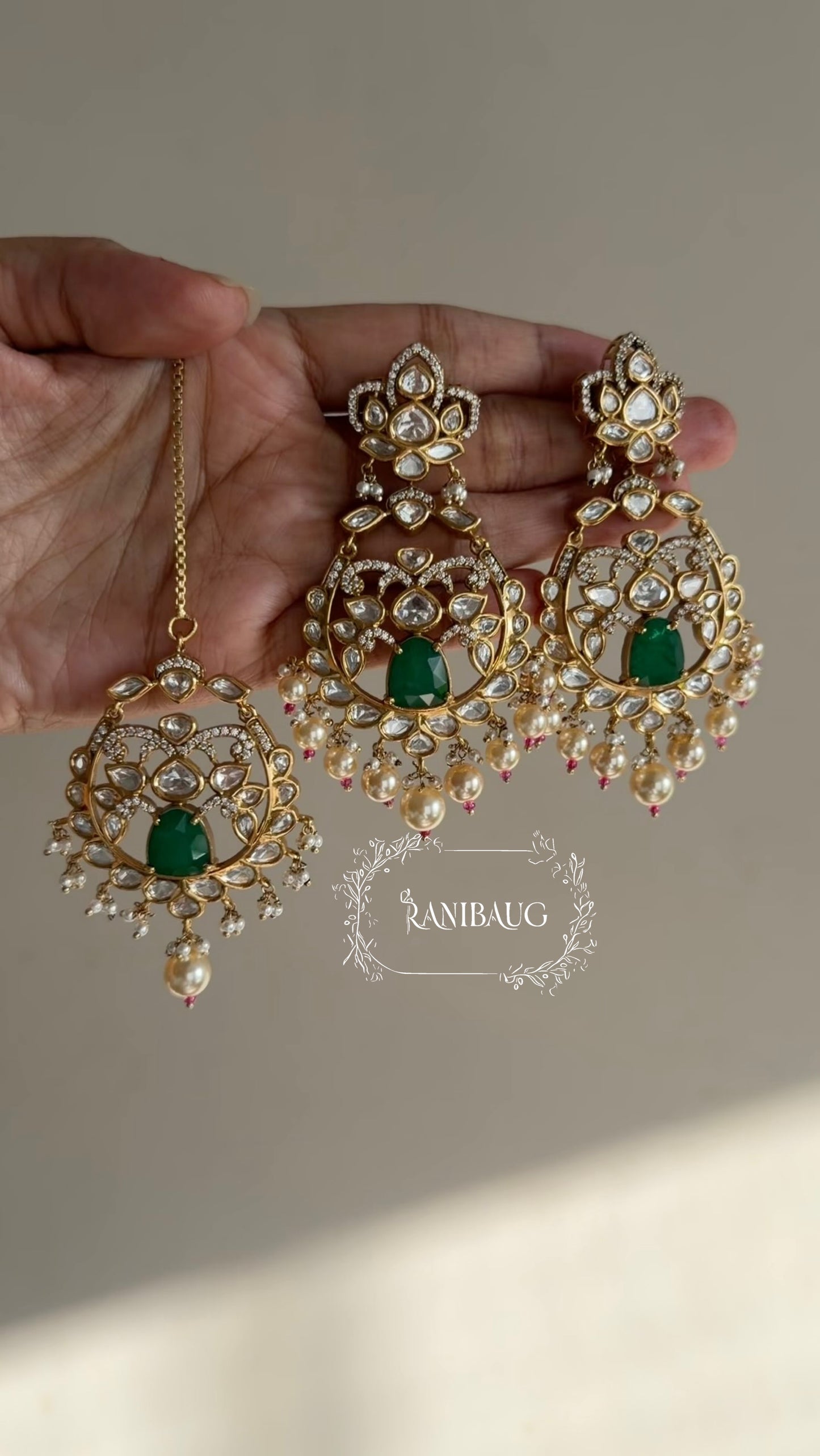 Srishti Mint And Pink Polki Studded In Premium Gold Finish Designer Dreamy Bridal Jewelry Set By Ranibaug