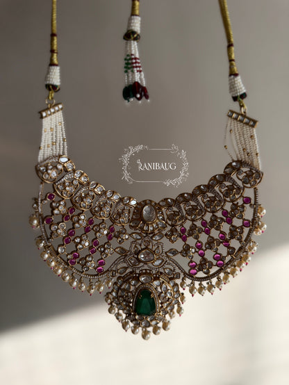 Srishti Mint And Pink Polki Studded In Premium Gold Finish Designer Dreamy Bridal Jewelry Set By Ranibaug