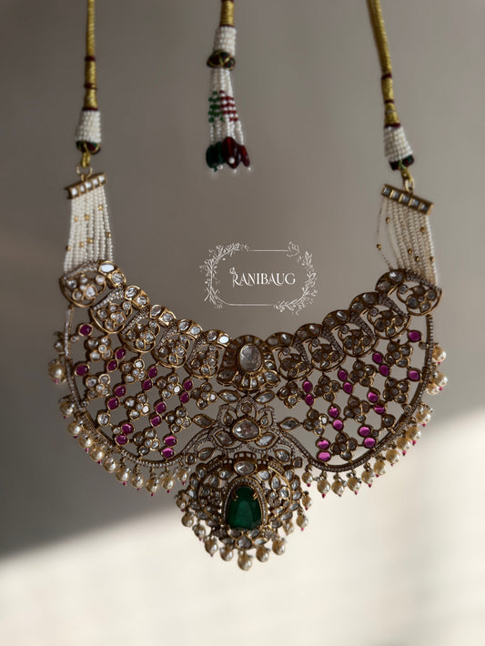 Srishti Mint And Pink Polki Studded In Premium Gold Finish Designer Dreamy Bridal Jewelry Set By Ranibaug