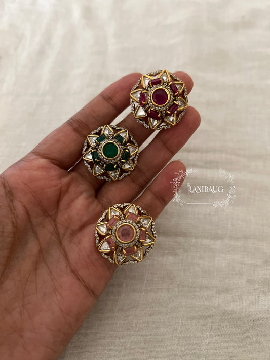 Natasha Polki Floral Gold Plated Festive Ring Jewelry With Multi Color Options By Ranibaug
