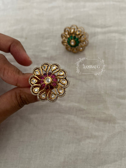 Vrushti Floral Motif Chakra Inspired Statement Polki Kundan Ring Jewellery By Ranibaug