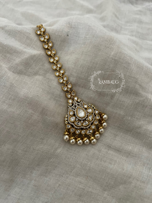 Midha Moon Motif Mossainite Kundan Maang Tikka In Gold Finish And Pearl Dangler By Ranibaug | Most Loved Maang Tikka Jewelry