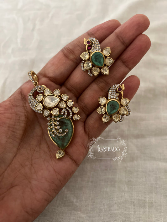 Sharanya Peacock Polki Kundan Pendant Set Jewellery In Premium Gold Polish By Ranibaug