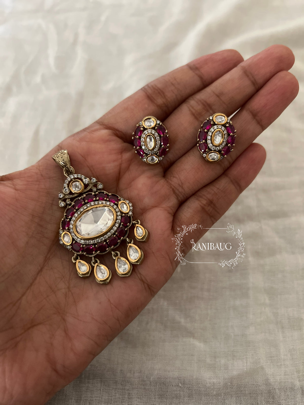 Ira Polki Studded Gold Finish Zirconia Pendant Set Jewelry By Ranibaug