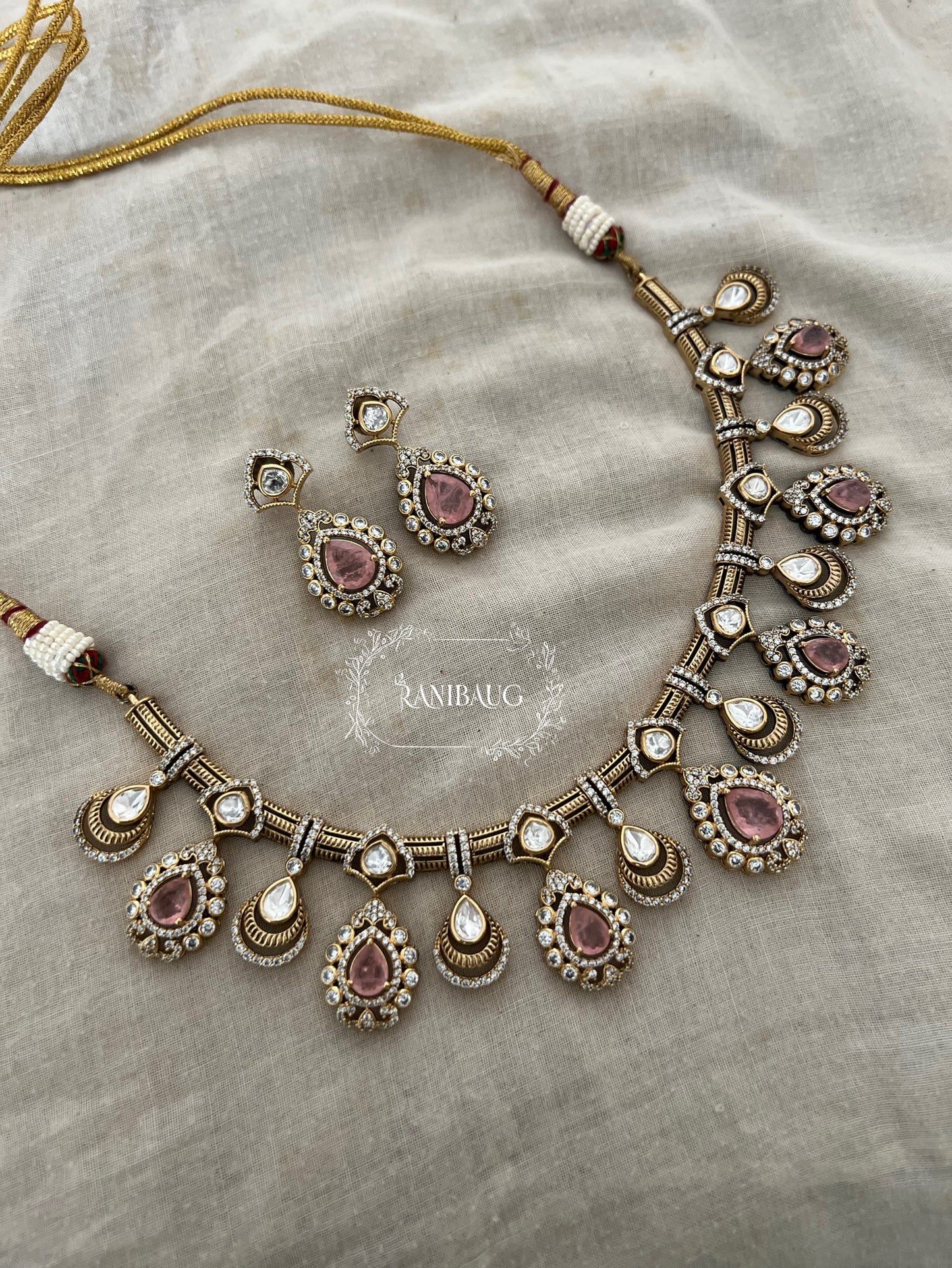 Kripa Teardrop Design Alternating Emerald In Rich Victorian Finish Necklace Jewellery Set By Ranibaug