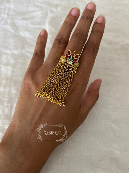 Niranjana Bird Motif Gold Fringes Unique Designer Heritage Ring Jewelry By Ranibaug