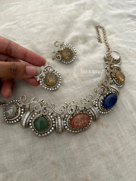 Sabya Manjari Vintage Antique Gold Multicolor Choker Set Adorned With Baroque Pearls By Ranibaug