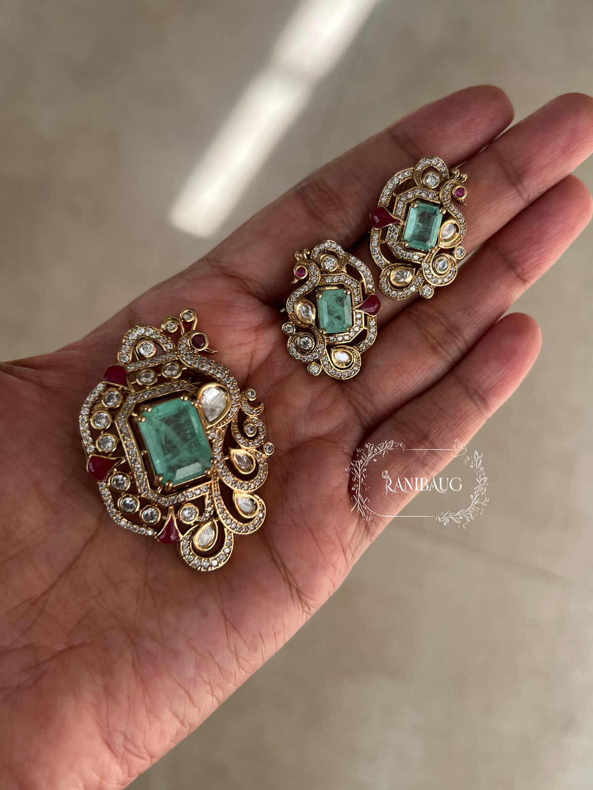Varnika Floral Bloom Big Round Center Kundan Motif Ruby Red Pendant Set Jewellery In Premium Gold Finish By Ranibaug