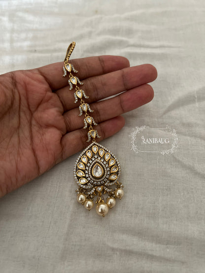 Richa Unique Moon Inspired Polki Kundan Studded Maangtikka In Premium Gold Finish By Ranibaug | Trendy Maang Tikka Jewellery For Wedding 2026