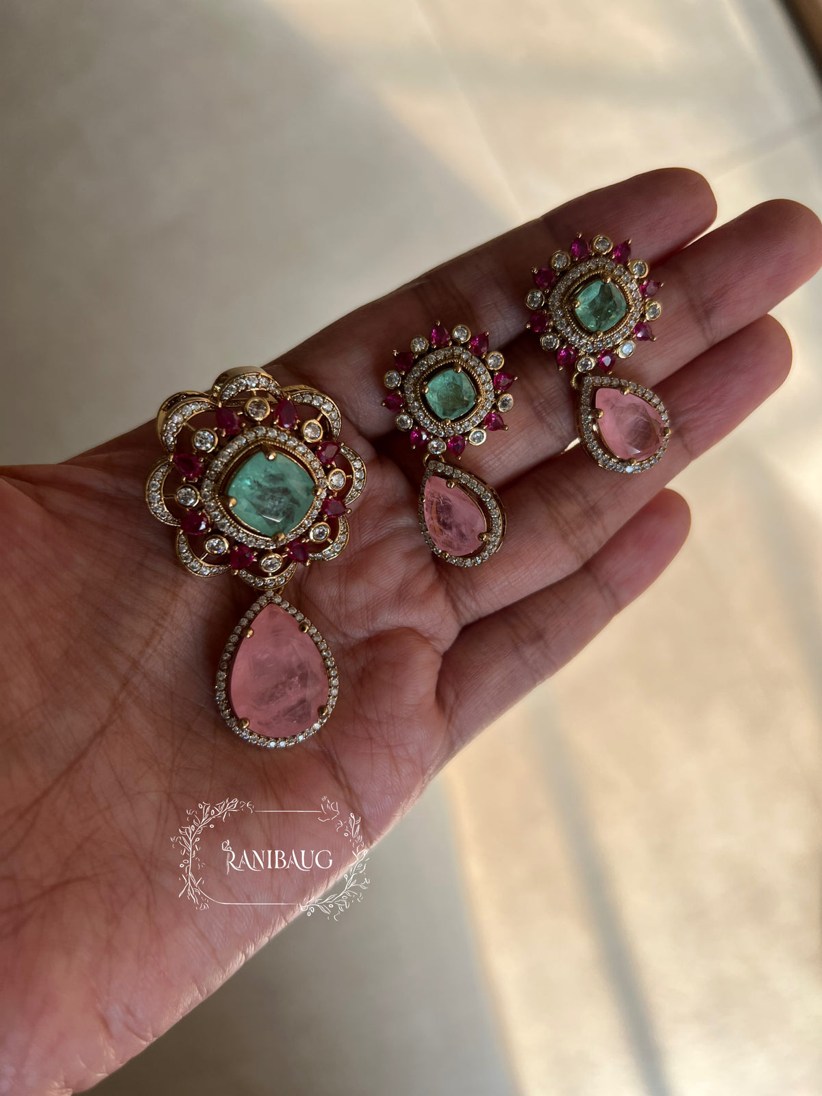 Aarya Polki Drop Tulip Floral Motif In Rich Gold Finish And RubyEnamel Work By Ranibaug