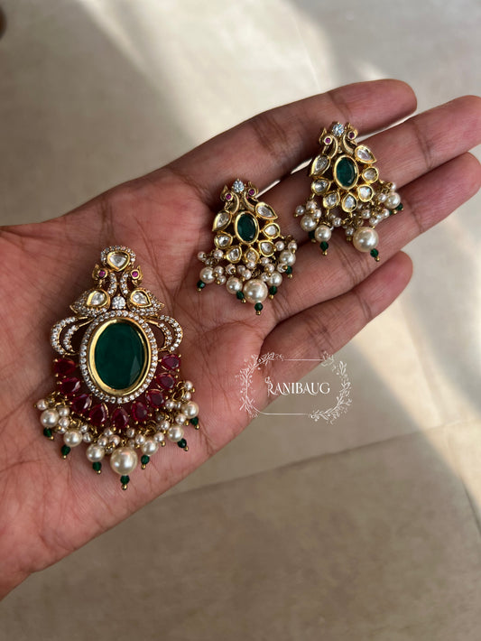 Karishma Unique Latest Designer Polki Kundan And Rich Gold Finish Pendant Set By Ranibaug