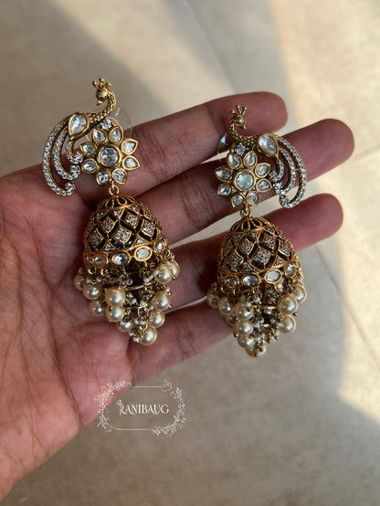 Mayur Mor Pankh Ethnic Polki Pearl Jhumki Earrings | Ranibaug