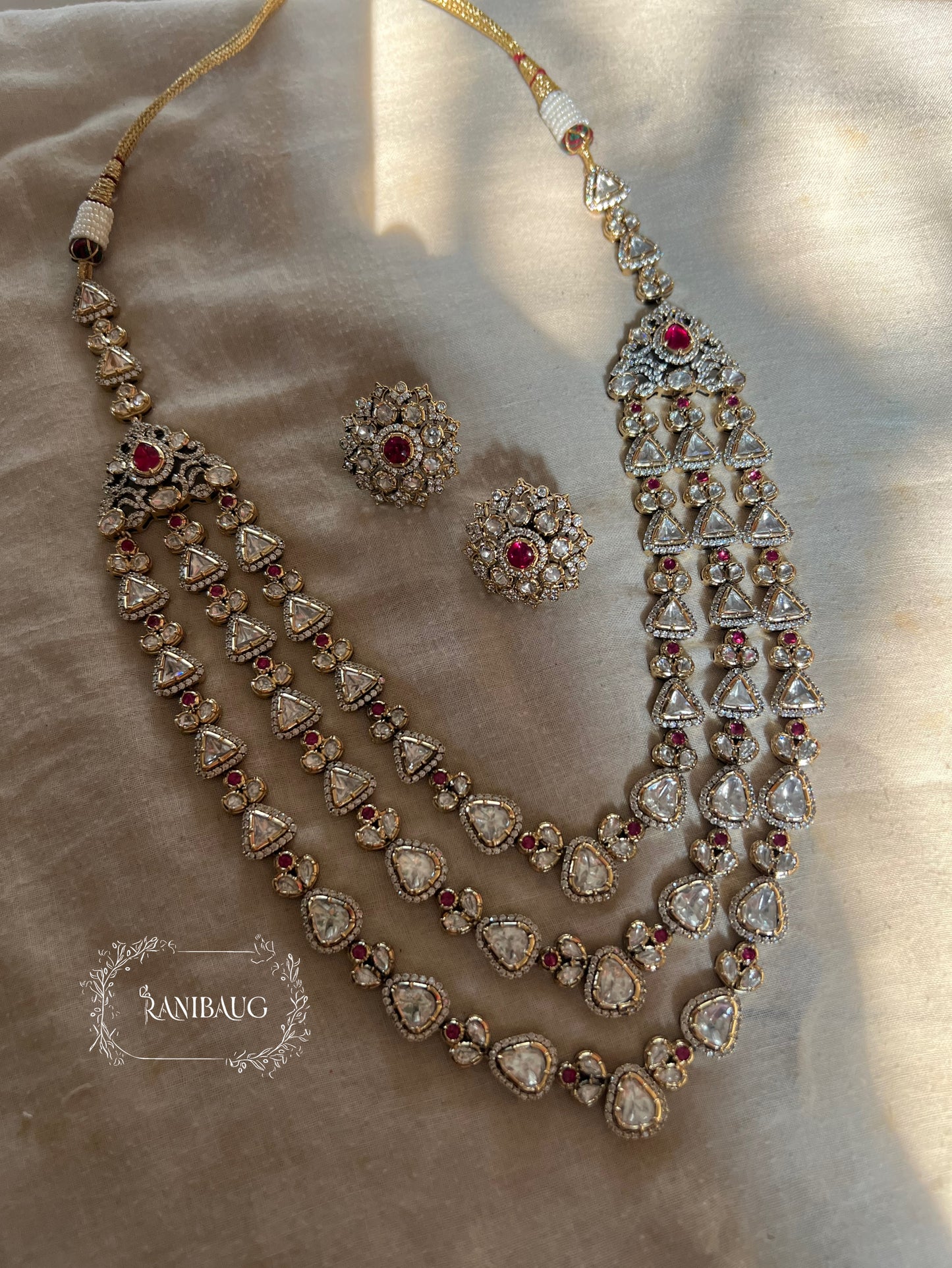 Reeti 3 Layered Polki Kundan Studded Royal Necklace Jewelry Set By Ranibaug