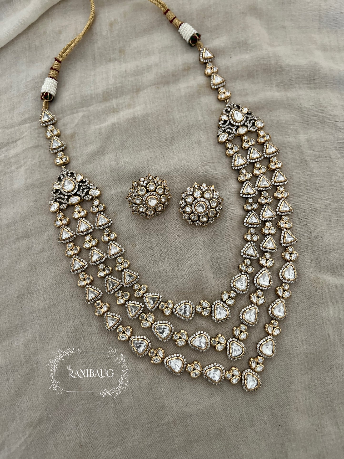 Reeti 3 Layered Polki Kundan Studded Royal Necklace Jewelry Set By Ranibaug