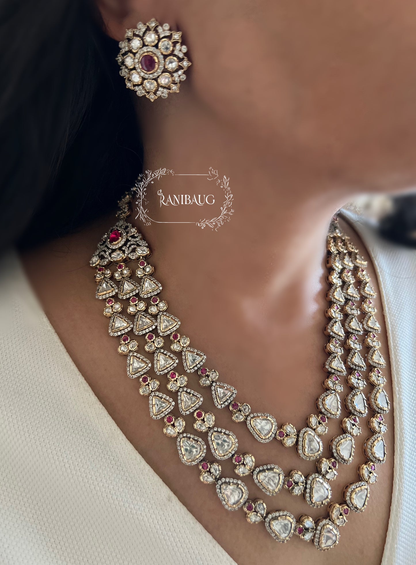 Reeti 3 Layered Polki Kundan Studded Royal Necklace Jewelry Set By Ranibaug