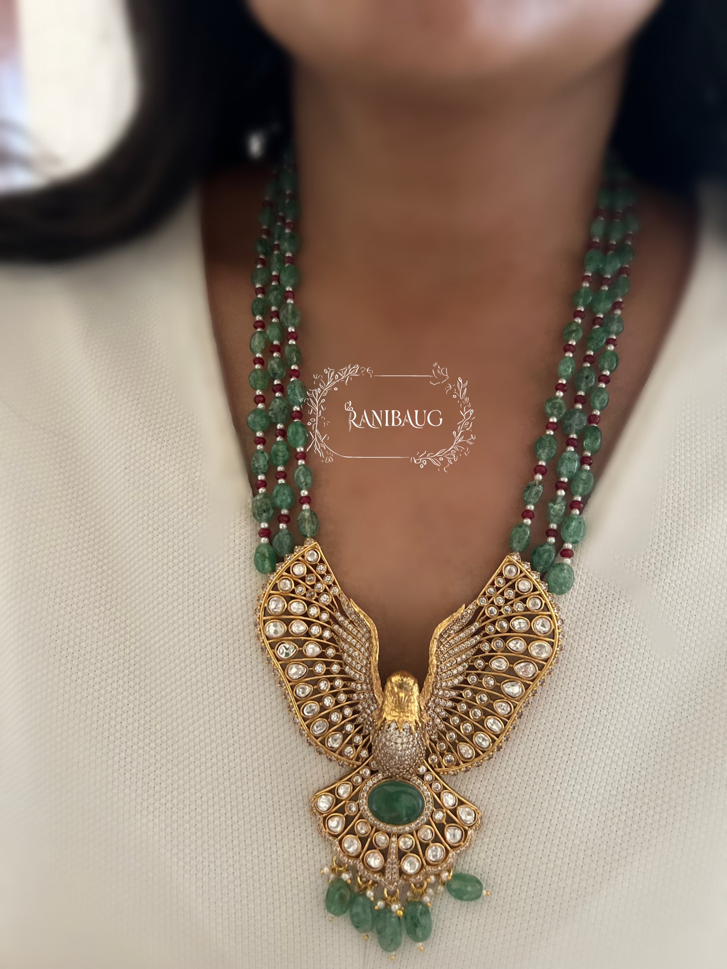 Durva Emerald Bead Polki Kundan Bird Motif Statement Necklace Set By Ranibaug