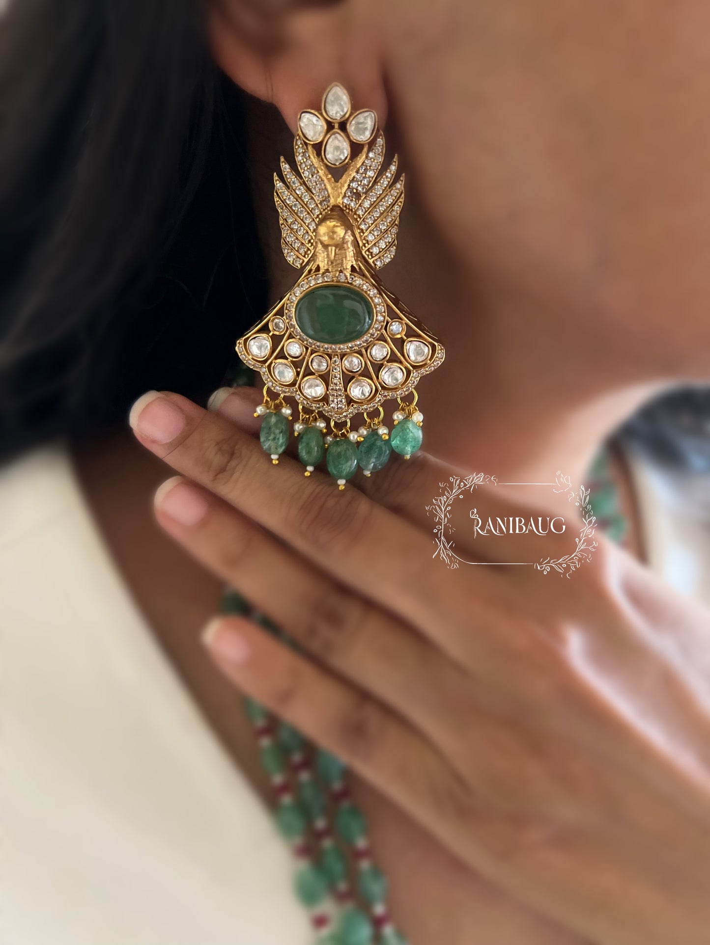 Durva Emerald Bead Polki Kundan Bird Motif Statement Necklace Set By Ranibaug