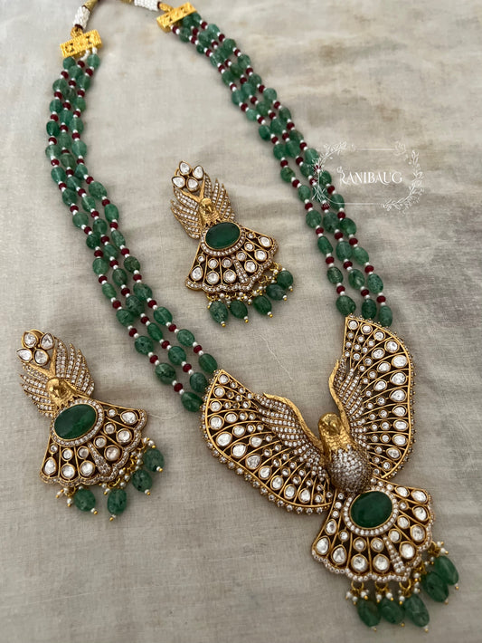 Durva Emerald Bead Polki Kundan Bird Motif Statement Necklace Set By Ranibaug