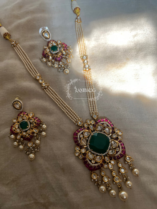 Abha Neel Gold Finish Polki Studded Pearl Fringe Festive Long Necklace Jewelry Set By Ranibaug