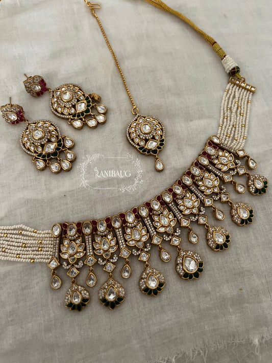 Srishti Royal Victorian Mossainite Necklace Jewellery Set With Maang Tikka By Ranibaug