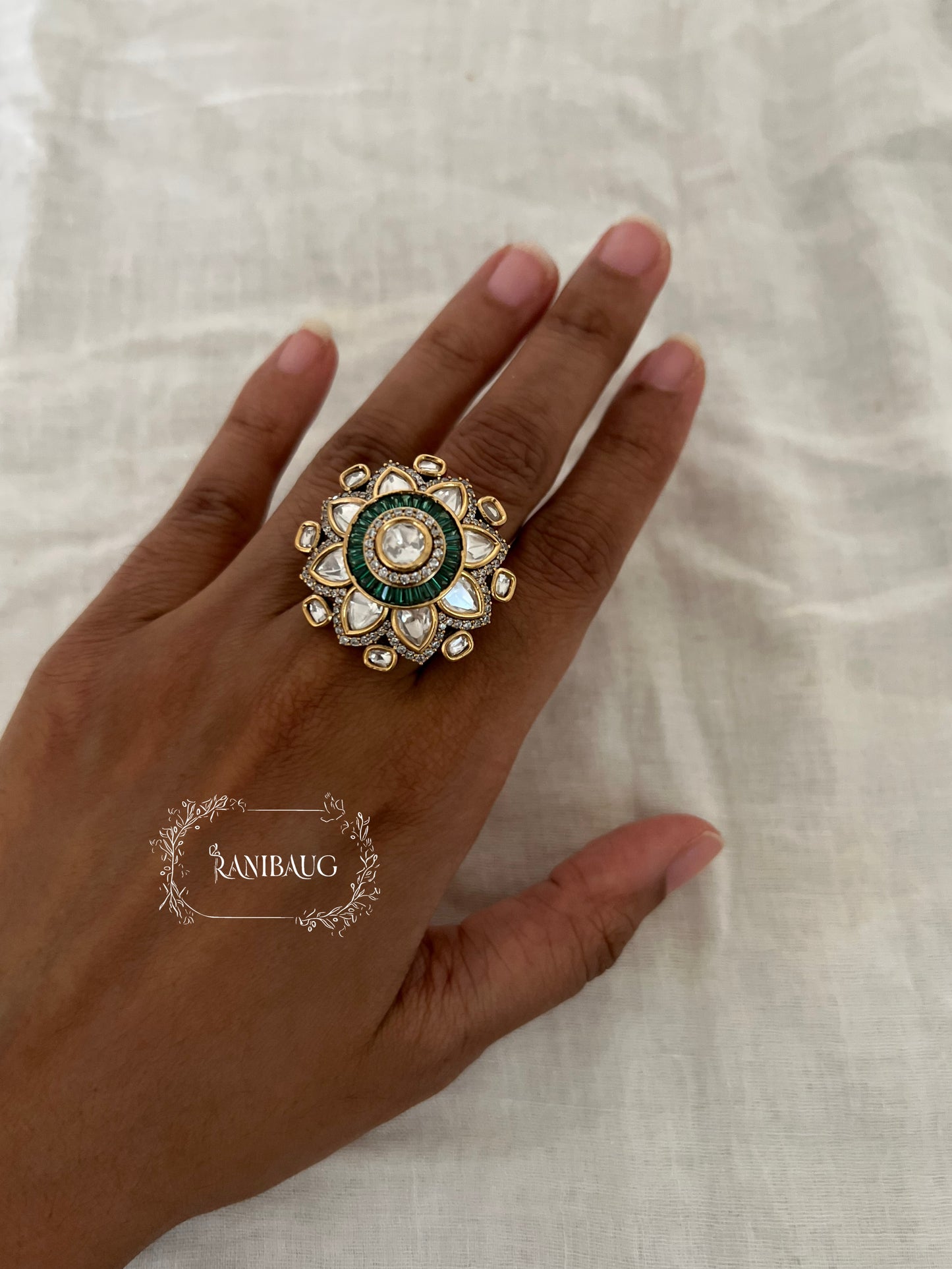 Krisha Polki Kundan Studded Tulip Shaped Ring Jewelry By Ranibaug