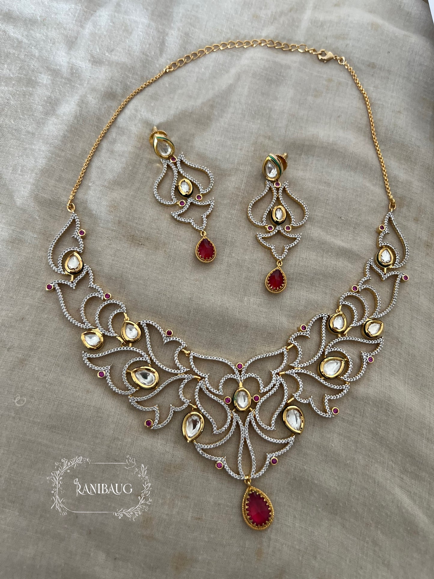 Iktara Victorian Style Dreamy Diamond Necklace Jewellery Set Featuring Ruby And Polki Stones By Ranibaug