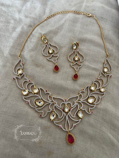 Iktara Victorian Style Dreamy Diamond Necklace Jewellery Set Featuring Ruby And Polki Stones By Ranibaug