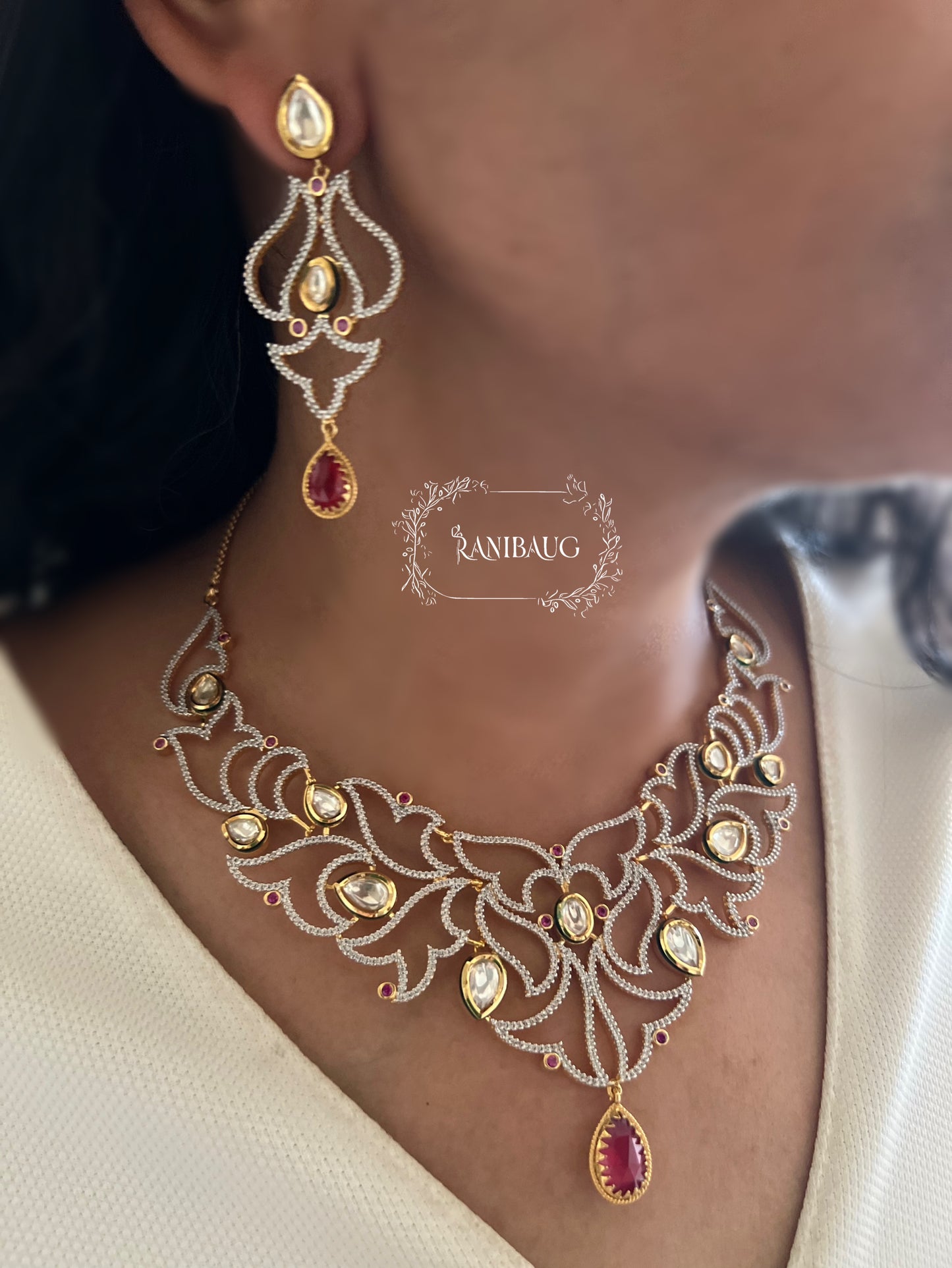 Iktara Victorian Style Dreamy Diamond Necklace Jewellery Set Featuring Ruby And Polki Stones By Ranibaug