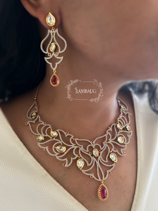 Iktara Victorian Style Dreamy Diamond Necklace Jewellery Set Featuring Ruby And Polki Stones By Ranibaug