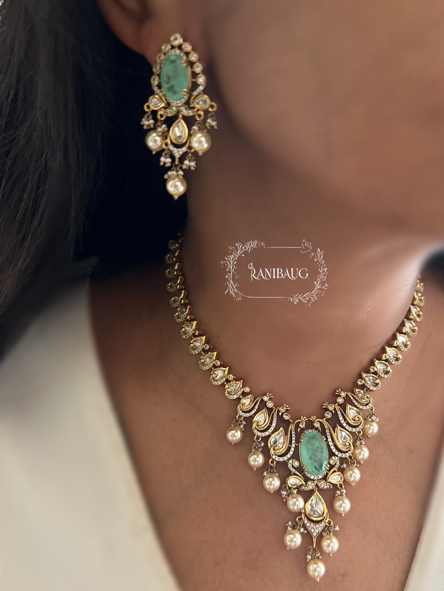 Inayat Antique Gold Finish Polki Studded Peacock Motif Designer Jewellery Set By Ranibaug