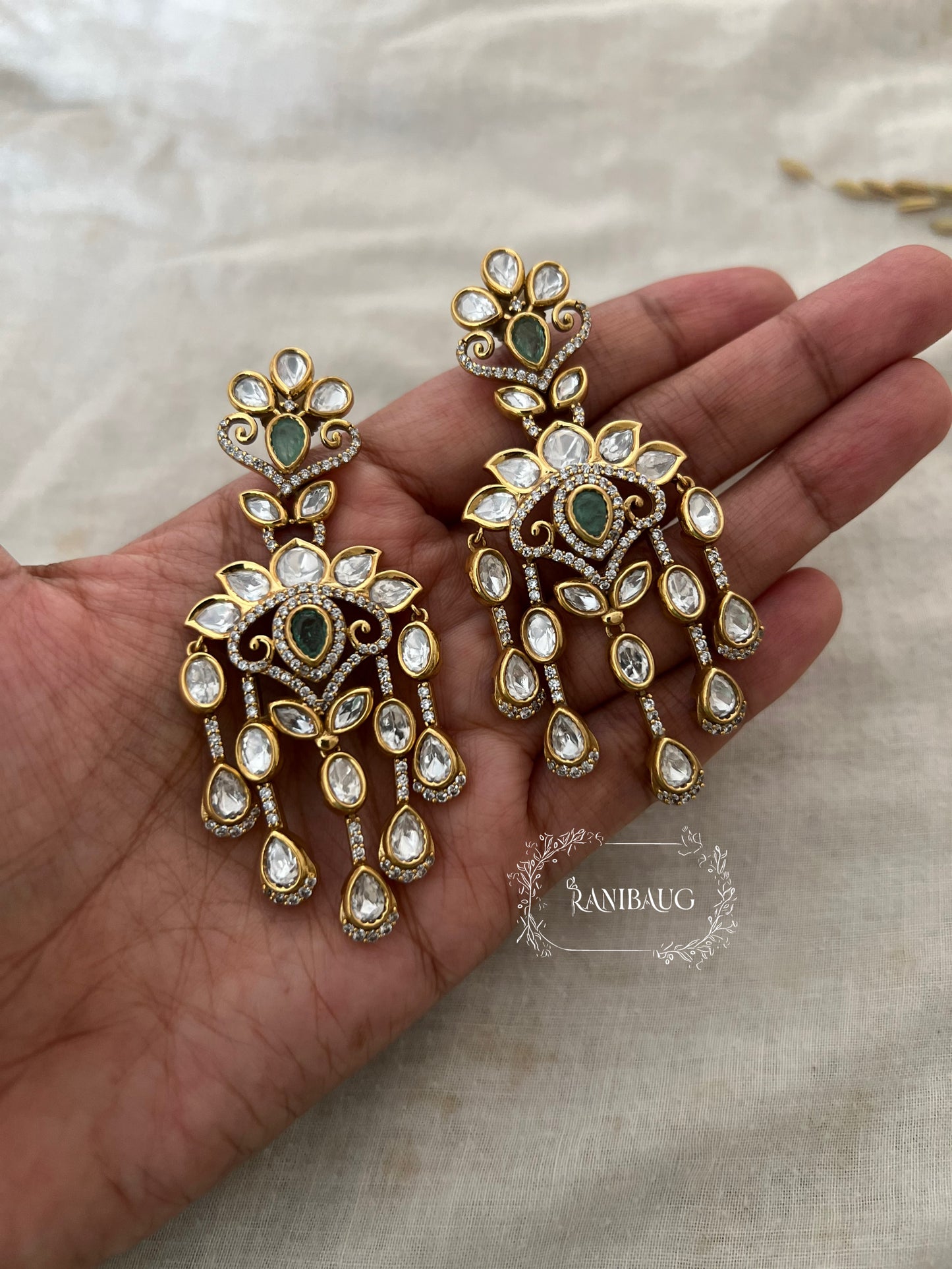 Indira Mossainite Waterfall Drop Reception Statement Earrings | Ranibaug