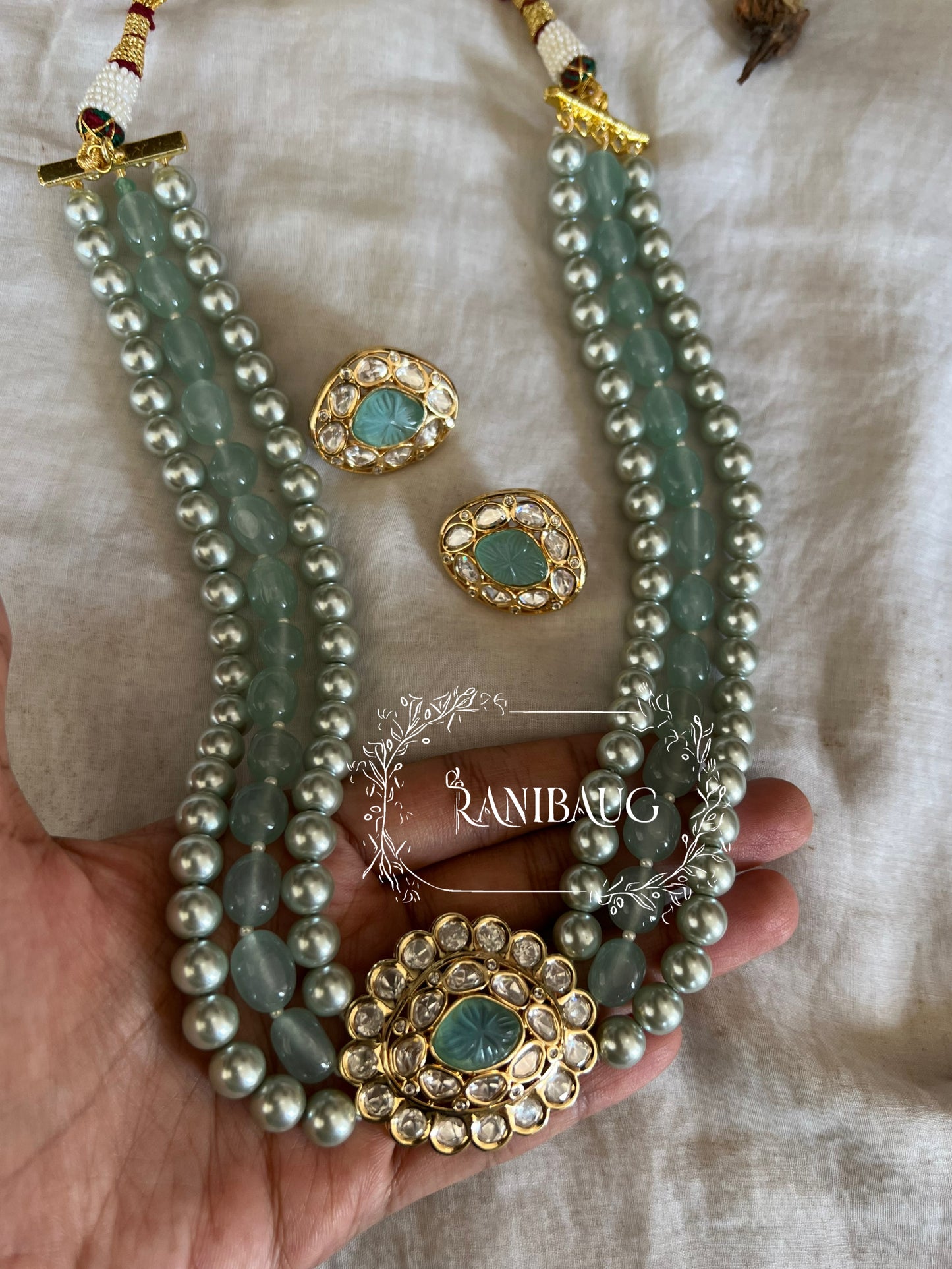 Indraja Real Pearls And Agate Adorned In Mid Long Semi Precious Jewellery Set In Kundan Setting And Gold Finish By Ranibaug | Semi Precious Jewellery Set Collection 2026