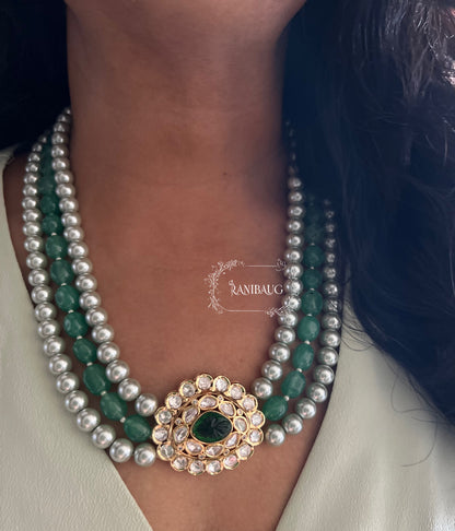 Indraja Real Pearls And Agate Adorned In Mid Long Semi Precious Jewellery Set In Kundan Setting And Gold Finish By Ranibaug | Semi Precious Jewellery Set Collection 2026