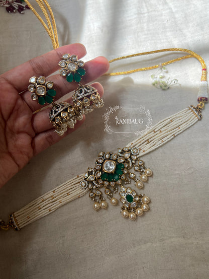 Inej Victorian Finish Polki Studded Pearl Adorned Choker With Matching Jhumka Jewellery Set By Ranibaug