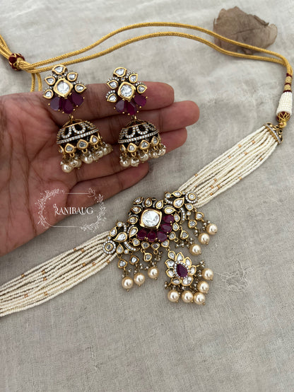 Inej Victorian Finish Polki Studded Pearl Adorned Choker With Matching Jhumka Jewellery Set By Ranibaug