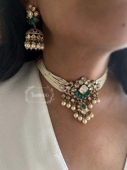 Inej Victorian Finish Polki Studded Pearl Adorned Choker With Matching Jhumka Jewellery Set By Ranibaug