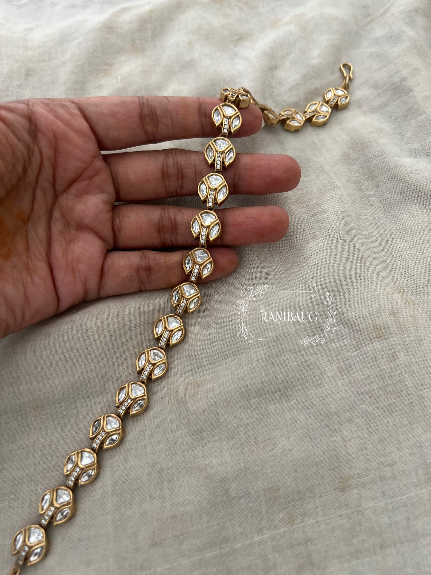 Inija Geometric Polki Kundan Studded Sheeshpatti Leaf Motif Detailing By Ranibaug